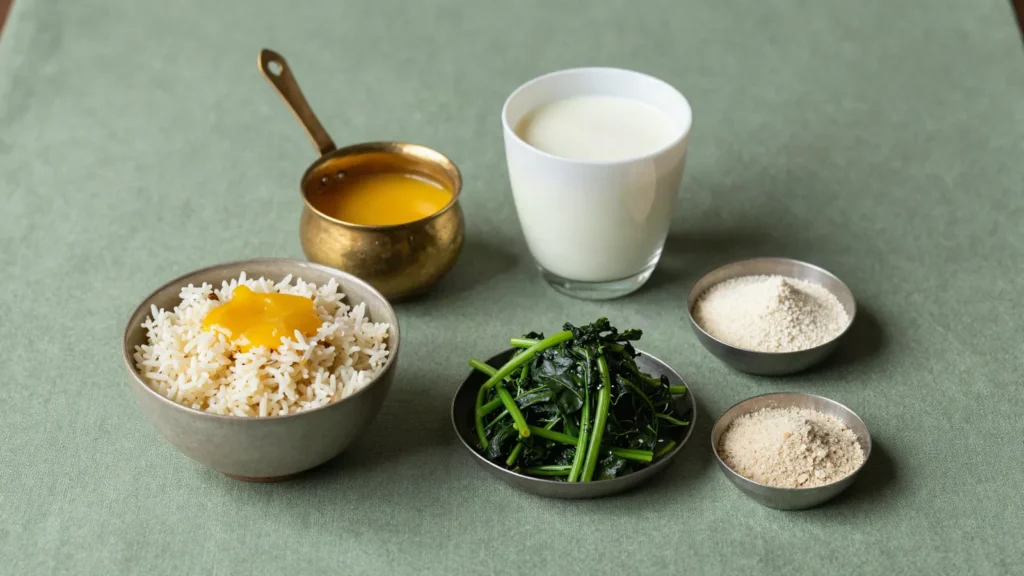 Refeição ayurvédica com arroz, ghee, verduras, leite morno e pó de shatavari