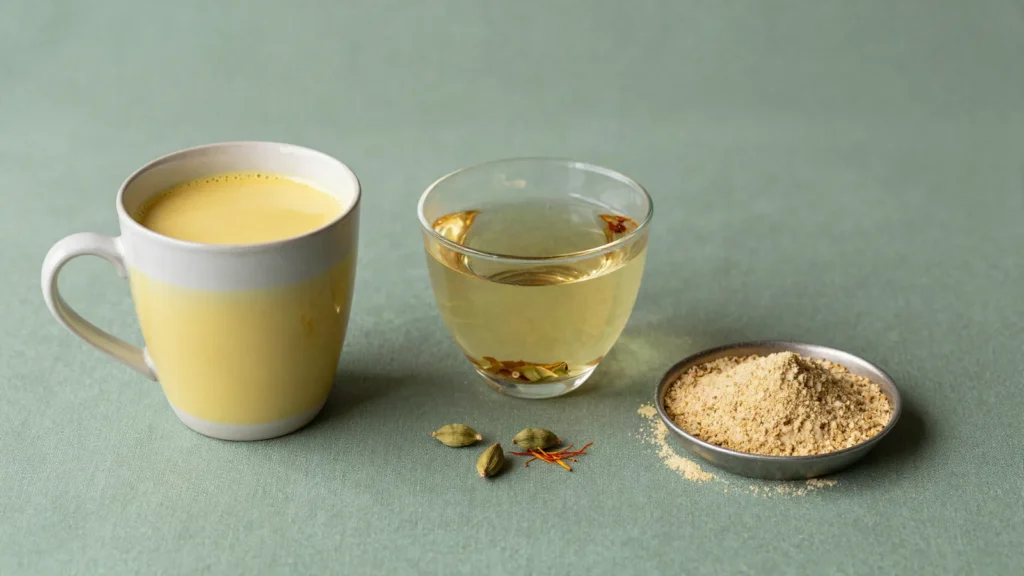 Golden milk, chá de shatavari e pó tostado com cardamomo e açafrão, vista de cima