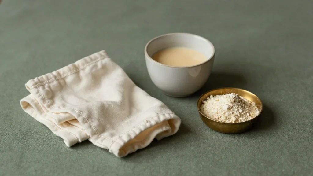 Fralda de algodão dobrada, copo de leite morno e tigela de pó de shatavari