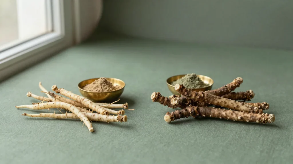 Comparação entre raízes claras de shatavari e raízes escuras de ashwagandha, lado a lado